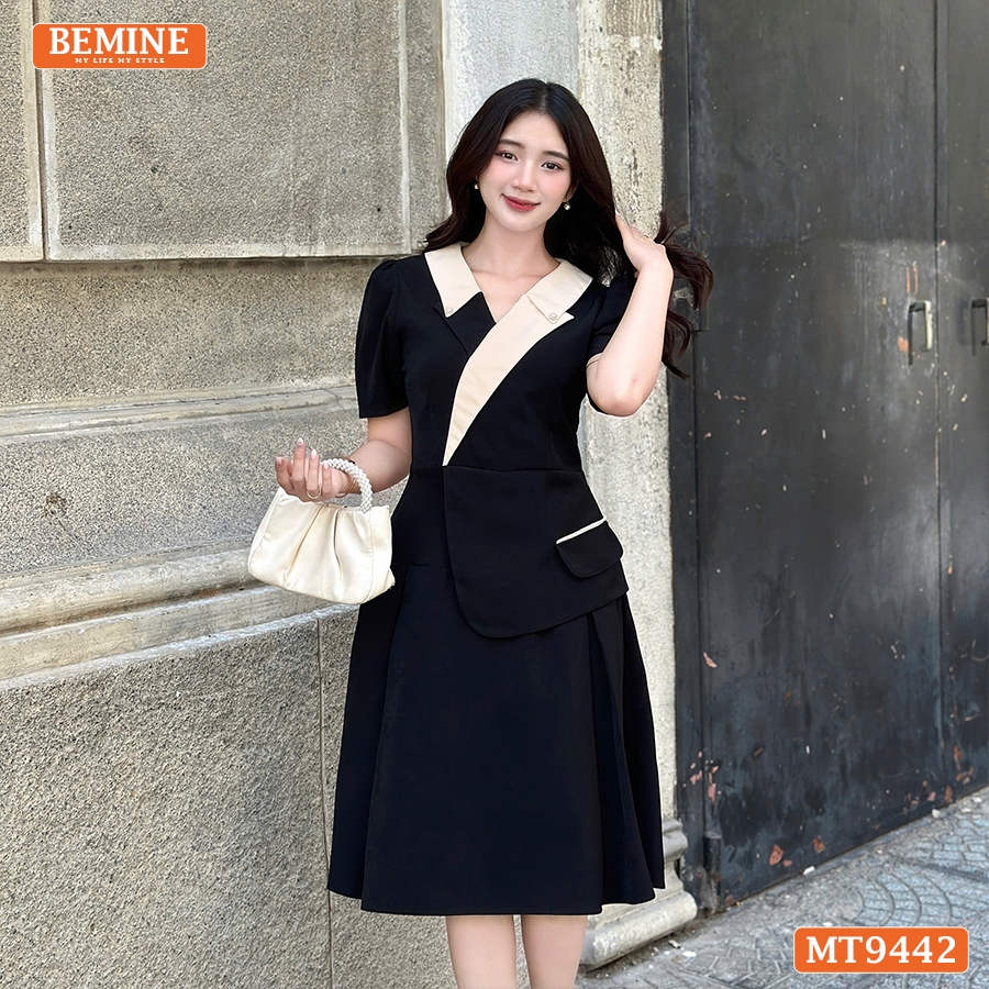 Đầm thiết kế BEMINE cổ vest dáng chữ A vạt chéo phù hợp đi làm-MT9442