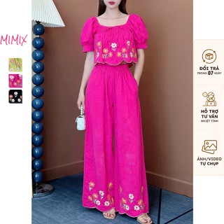 Set Baby Doll MIMIX Áo Kiểu Nữ Đính Nơ Cổ Vuông Tay Ngắn Bồng Kèm Quần Dài 99cm Thêu Hoa 3 Màu Trendy ET1295