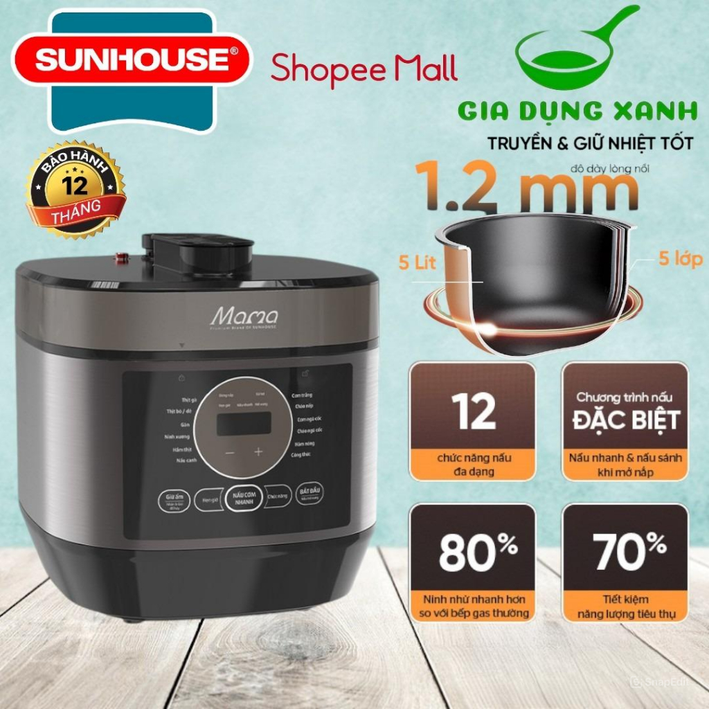 Nồi áp suất điện tử đa năng 5L SUNHOUSE MAMA SHD1580 có thiết kế nổi bật sang trọng