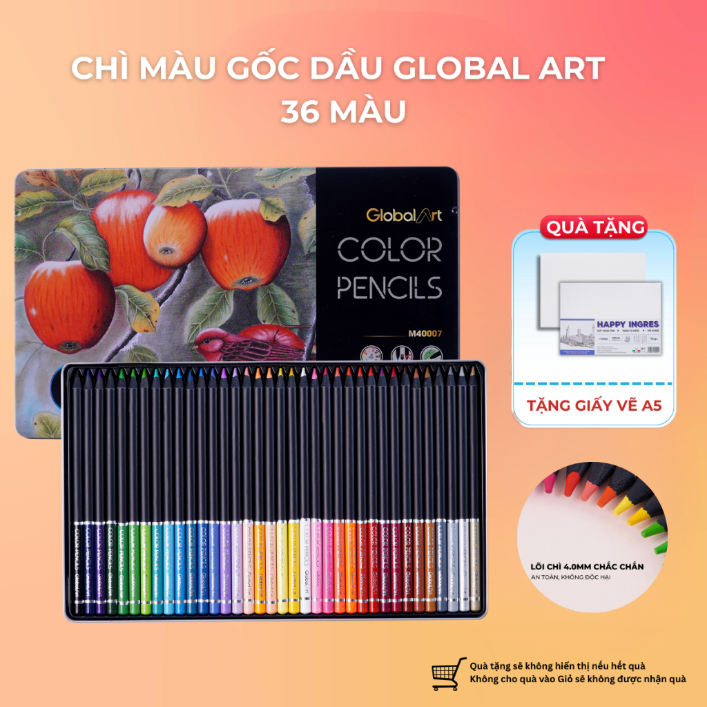 Màu Chì Gốc Dầu Cao Cấp GLOBAL ART Có Lõi Chì 4mm, Hộp Thiếc 36 Bút Chì Màu Đậm Mịn, Tươi Sáng, Ít Vụn M40007