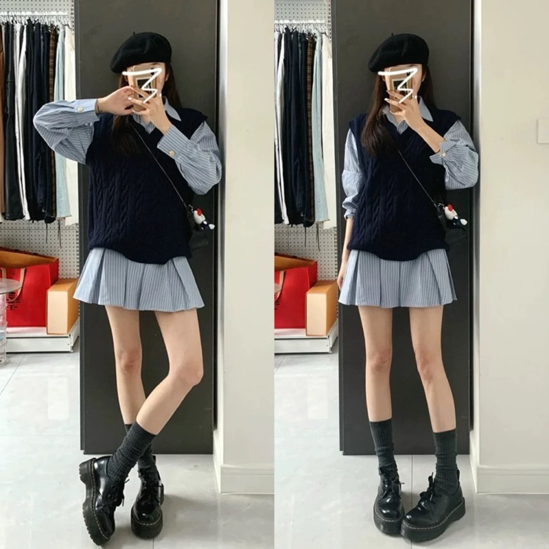 Set Váy Sơ Mi Kẻ Xanh Dài Tay Mix Áo Gile Len Tăm Xanh Than (Ảnh Thật Trải Sàn) Lollaye | BigBuy360 - bigbuy360.vn