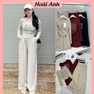 Set Bộ Đồ Len Lông Thỏ Lệch Vai In Chữ Áo Dài Tay Om Body Hở Vai Nhún Eo Mix Quần Suông Dài Ống Rộng Freesize