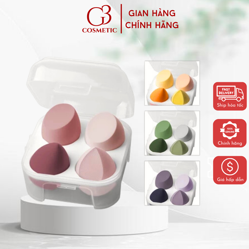 Set mút trang điểm hộp 4 bông mút trang điểm sử dụng khô mềm mại không hút phấn G3COSMETICS