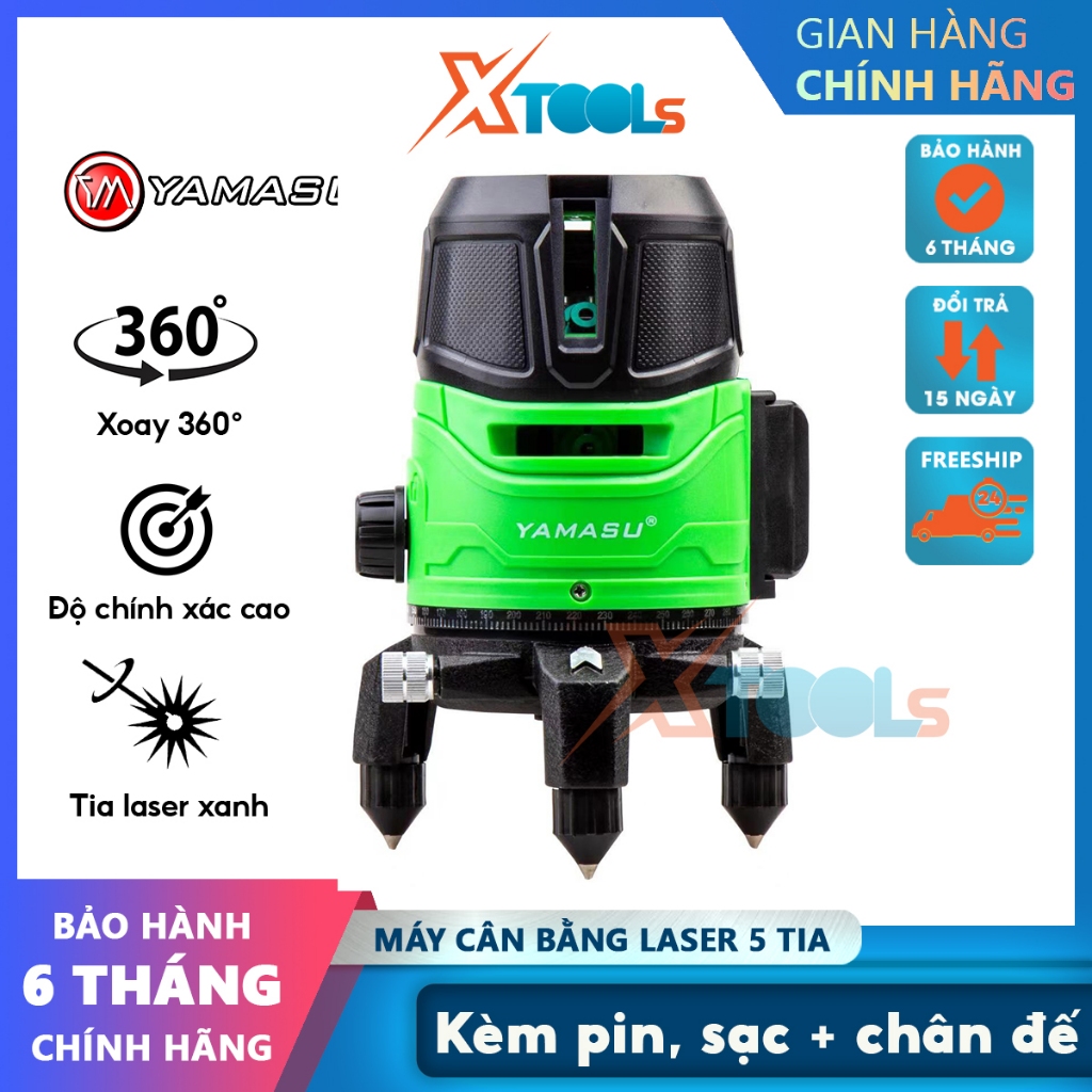 Máy laser cân bằng 5 tia xanh Yamasu YMS-122 4 tia đứng, 1 tia ngang, 1 tia dọi tâm - Chính hãng, má