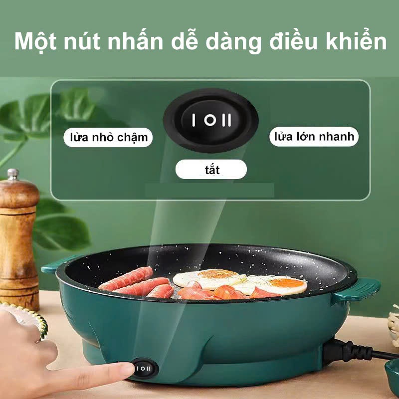Chảo Nướng Điện Mini Đa Năng 26cm Công Suất 600W Bếp Nướng Điện Chống Dính Vân Đá Cao Cấp