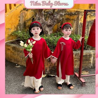 Áo dài cách tân, áo dài đỏ phối nơ ngực siêu xinh cho bé gái chất liệu lụa cao cấp mặc đi chùa, đi chơi tết