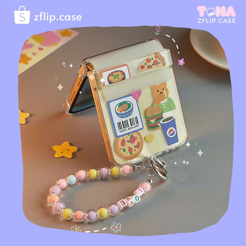 [Sẵn] Ốp Lưng Samsung Z Flip 5/Z Flip 6 Sticker Gấu Pizza, Hamburger Pesi kèm dây ngọc màu ZFlip 5/ 