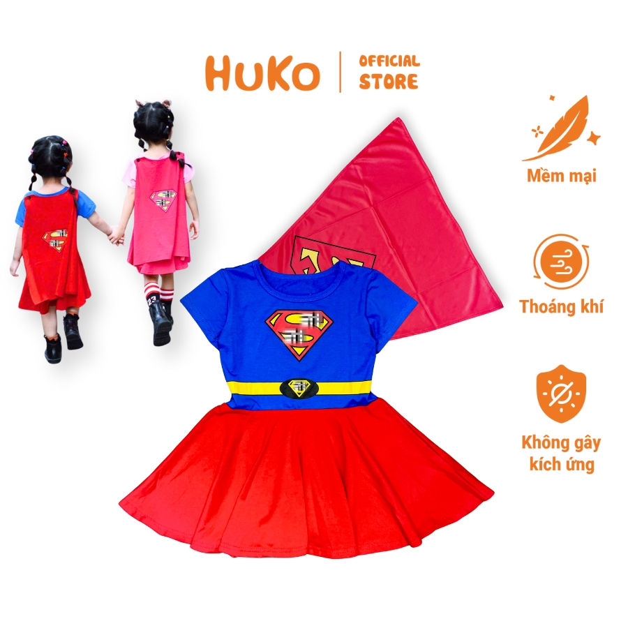 Đầm Siêu Nhân Cho Bé Gái Hóa Trang HUKO HBN193 Kèm Áo Choàng, Vải Cotton, Từ 12-30kg
