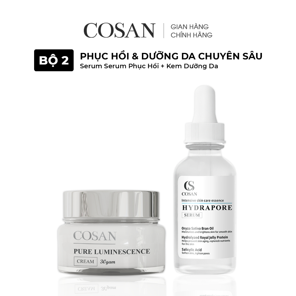 Bộ dưỡng trắng da, giảm sạm, giúp da trẻ hóa Cosan gồm Serum 30ml + Kem dưỡng 30g