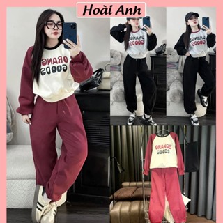  Set Bộ Đồ Nữ Nỉ 2 Da Phối Màu Viền Cổ Bo Len Chun Tay In Chữ ORANGE Mix Quần Suông Ống Rộng Bo Chun Gấu Freesize 