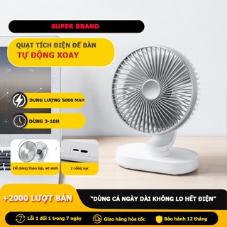 Quạt tích điện quạt mini để bàn pin 4000mah dùng liên tục đến 15h xoay 90 độ - 4 chế độ gió làm mát, chạy êm