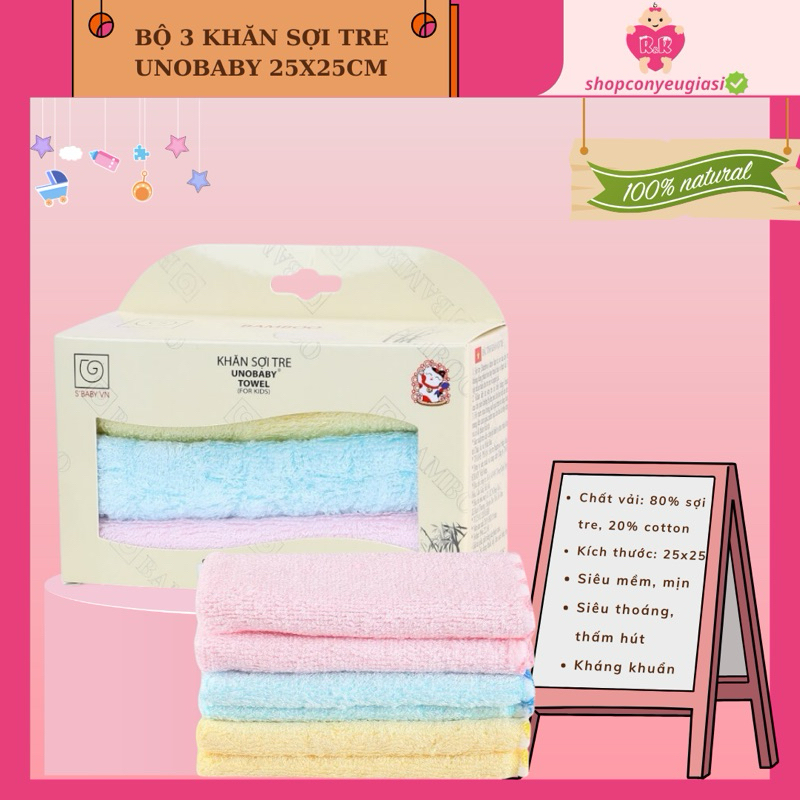 Set 3 Khăn Mặt Sợi Tre Unobaby 25*25