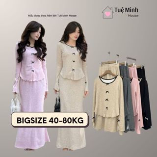 Set Áo Nơ Nhí Cổ Phối Viền Tay Loe Kèm Chân Váy Đuôi Cá Dáng Dài, Bộ Đồ Nữ Bigsize Nỉ 2 Lớp Ấm Áp Tuệ Minh House S1909