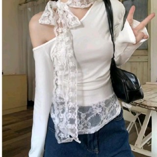 Thu đông Áo thun croptop trễ vai, lệch vai phối ren tay dài Nữ Women Top A148