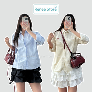 Áo sơ mi màu pastel thêu nơ, sơ mi dài tay chất thô mềm Renee Store - AS3122