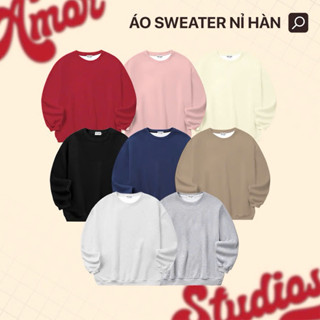 Áo sweater nỉ trơn hai da ép Hàn AMOR STUDIO dày dặn unisex size tới 85kg