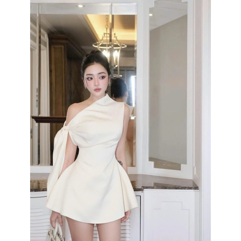 [V1.834] Váy Thiết Kế Lệch Vai Buộc Nơ Chiết Eo Dáng Xoè Sang Chảnh 2 Màu | BigBuy360 - bigbuy360.vn