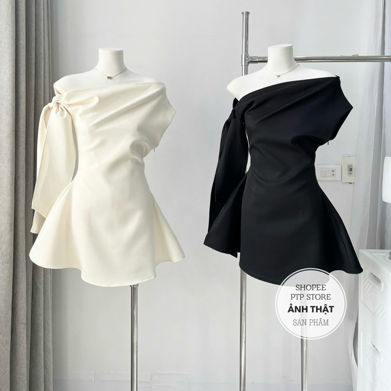 [V1.834] Váy Thiết Kế Lệch Vai Buộc Nơ Chiết Eo Dáng Xoè Sang Chảnh 2 Màu | BigBuy360 - bigbuy360.vn