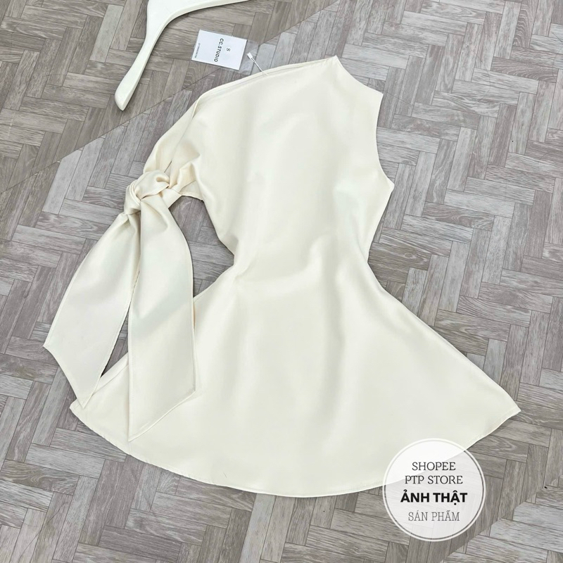 [V1.834] Váy Thiết Kế Lệch Vai Buộc Nơ Chiết Eo Dáng Xoè Sang Chảnh 2 Màu | BigBuy360 - bigbuy360.vn