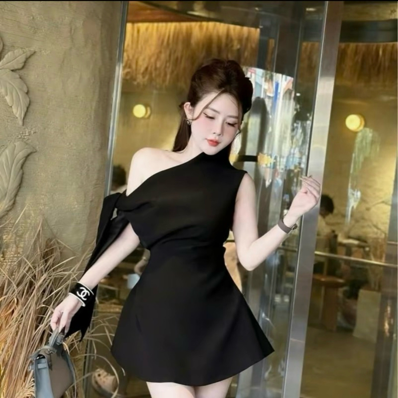 [V1.834] Váy Thiết Kế Lệch Vai Buộc Nơ Chiết Eo Dáng Xoè Sang Chảnh 2 Màu | BigBuy360 - bigbuy360.vn