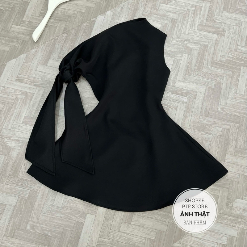 [V1.834] Váy Thiết Kế Lệch Vai Buộc Nơ Chiết Eo Dáng Xoè Sang Chảnh 2 Màu | BigBuy360 - bigbuy360.vn