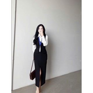 Hera set đầm thiết kế áo gile chân váy bút chì xẻ tà trước phối áo sơ mi phù hợp mặc đi làm đi chơi
