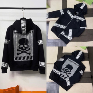 Áo khoác hoodie zip nam nữ Philipp Plein thêu logo sắt in sọc dải chữ chéo đính đá đầu lâu lưng HZ62P