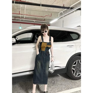 váy yếm jeans dài nữ phối màu mạc AH ( jean cotton không có giãn)