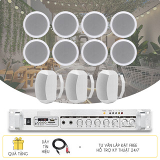  Bộ loa âm trần 10W và loa hộp sân vườn 30W kháng nước kèm âm ly Bluetooth cho quán cafe nhà hàng 