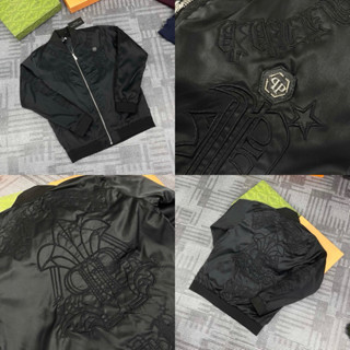 Áo khoác bomber gió nam Philipp Plein logo da tag sắt ngực phối thêu chữ toàn thân 2 lớp boy phố AK169P