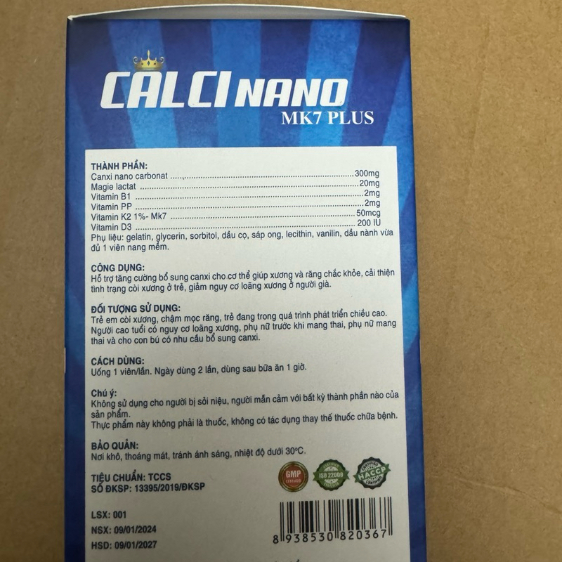 Viên uống CALCI NANO MK7 PLUS - Hộp 100 viên bổ sung Canxi D3 K2 MK7  giảm nguy cơ loãng xương