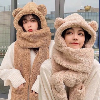 Mũ gấu liền khăn quàng cổ 3in1, nón lông cừu tai gấu kèm găng tay mùa đông cute ấm áp KG5