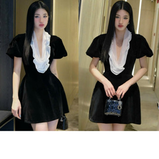 Váy Nhung Đen Cổ V Phối Bèo Trắng HIBEESTORE, Váy Thiết Kế Tay Bồng Dáng Xòe Cho Nàng Tiểu Thư Xinh Đẹp VHB45098