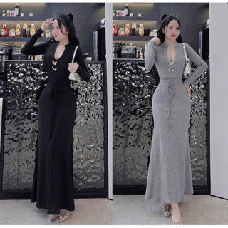  Sét áo nữ tay dài cổ tim gắn phụ kiện kèm chân váy đuôi cá dáng dài chất thun tăm lạnh 