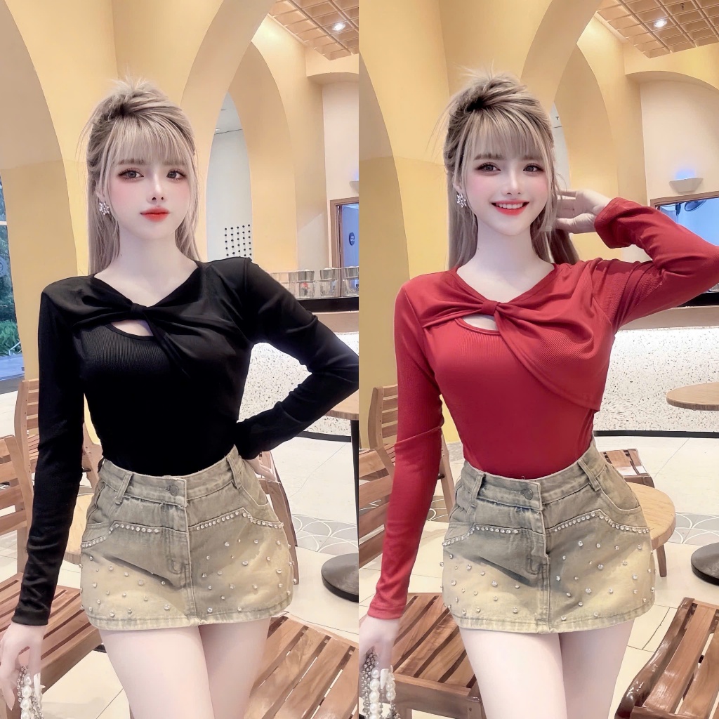 Áo thun tăm cổ nơ cách điệu