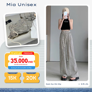 Quần đũi xốp nữ dáng xuông MIA UNISEX, quần ống rộng kẻ sọc chun lưng kèm dây rút cá tính