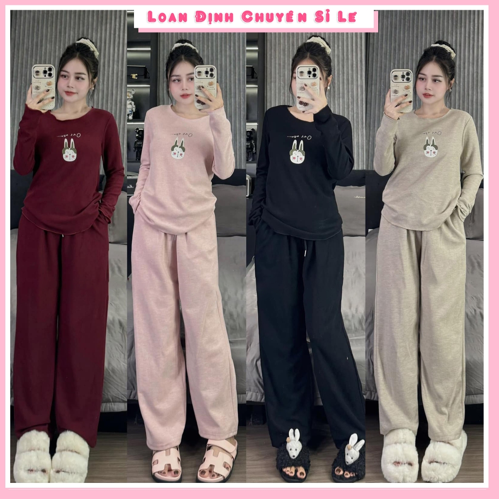 Bộ viền soăn thêu hoạt hình siêu cute dài tay quần ống suông đồ bộ nữ thu đông LD005