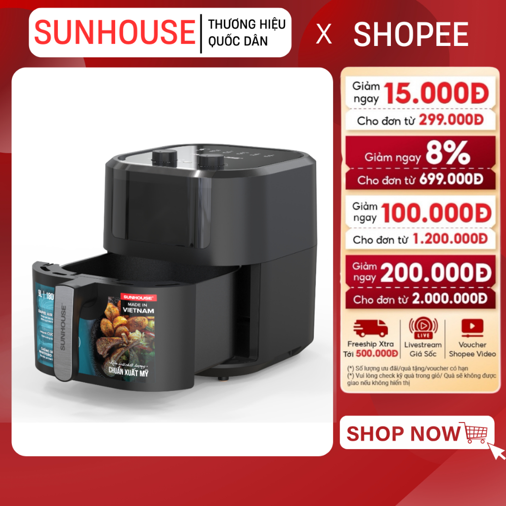NỒI CHIÊN KHÔNG DẦU SUNHOUSE SHD4037 - Dung tích 9L, Nướng gà vịt nguyên con không cần lật