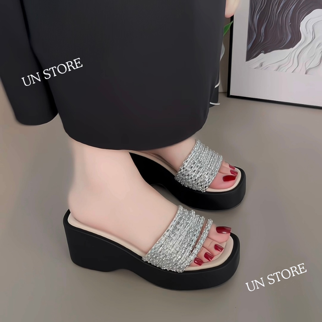 Dép đế xuồng nữ quai xoàn mảnh đính đá nhiều dây đế bánh mì cao 7phân USD050 Un Store