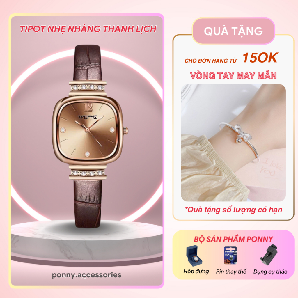 Đồng hồ TPOFHS nữ dây da phong cách Vintage nhẹ nhàng thanh lịch