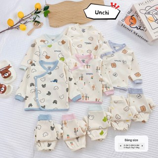 BD33 Bộ Quần Áo Dài Tay UnChi Vải Nỉ Ấm Mặc Thu Đông, Họa Tiết Dễ Thương Cho Bé Sơ Sinh Từ 3-8.5kg
