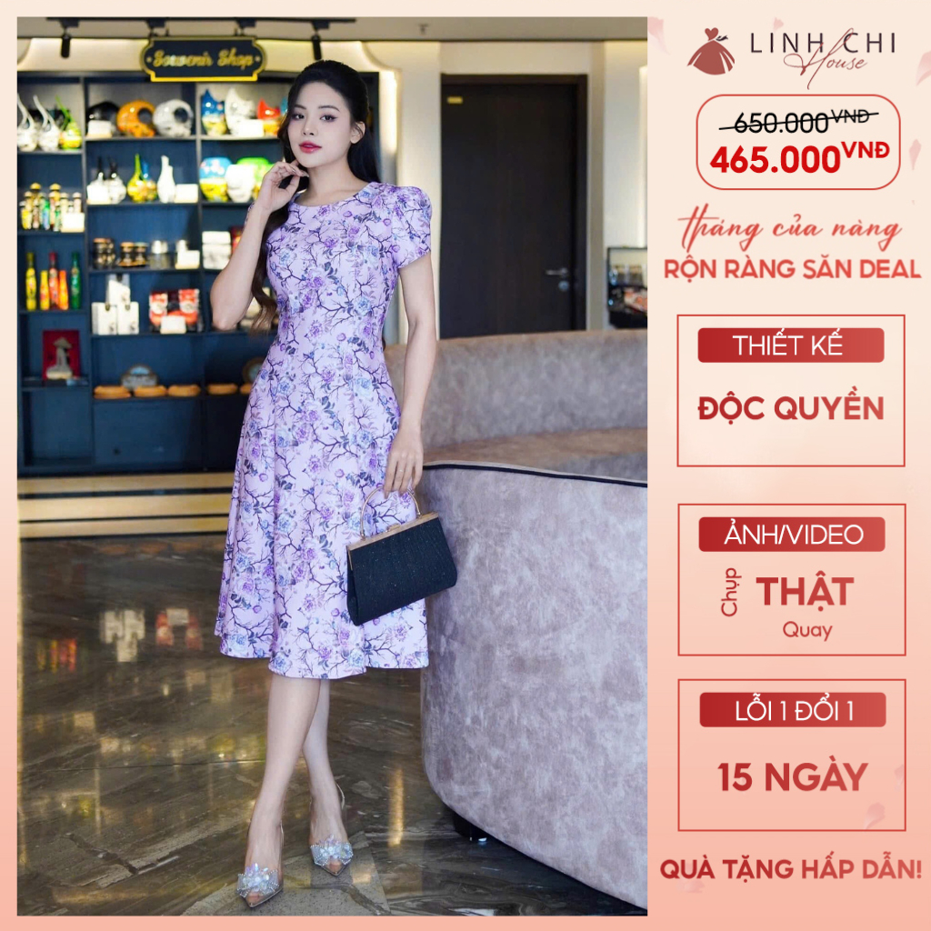 Váy đầm thiết kế dáng dài, váy tơ phối hoa tím cổ tròn tôn da phong cách tiểu thư thanh lịch - Linh Chi House N2311