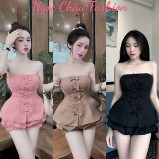 [ Size S ] Set áo ống cúp ngực có mút peplum đính hàng nơ mix quần đùi bí phồng chun lưng co dãn
