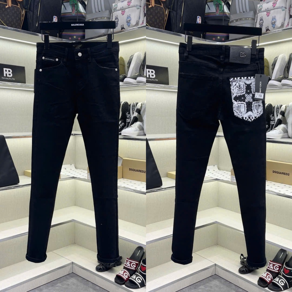 Quần jean bò nam Đôn Chề slimfit đen trơn phối in hoa văn logo túi sau đơn giản basic boy phố QJ616P