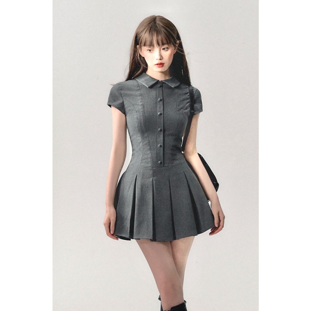 (40-75Kg) Đầm Váy Sơ Mi Sọc Xám Nút Bọc Tùng Xếp Li UnihomeClothing (Có BigSize) CV179