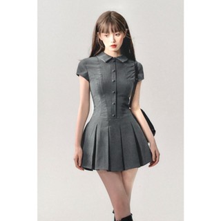 (40-75Kg) Đầm Váy Sơ Mi Sọc Xám Nút Bọc Tùng Xếp Li UnihomeClothing (Có BigSize) CV179