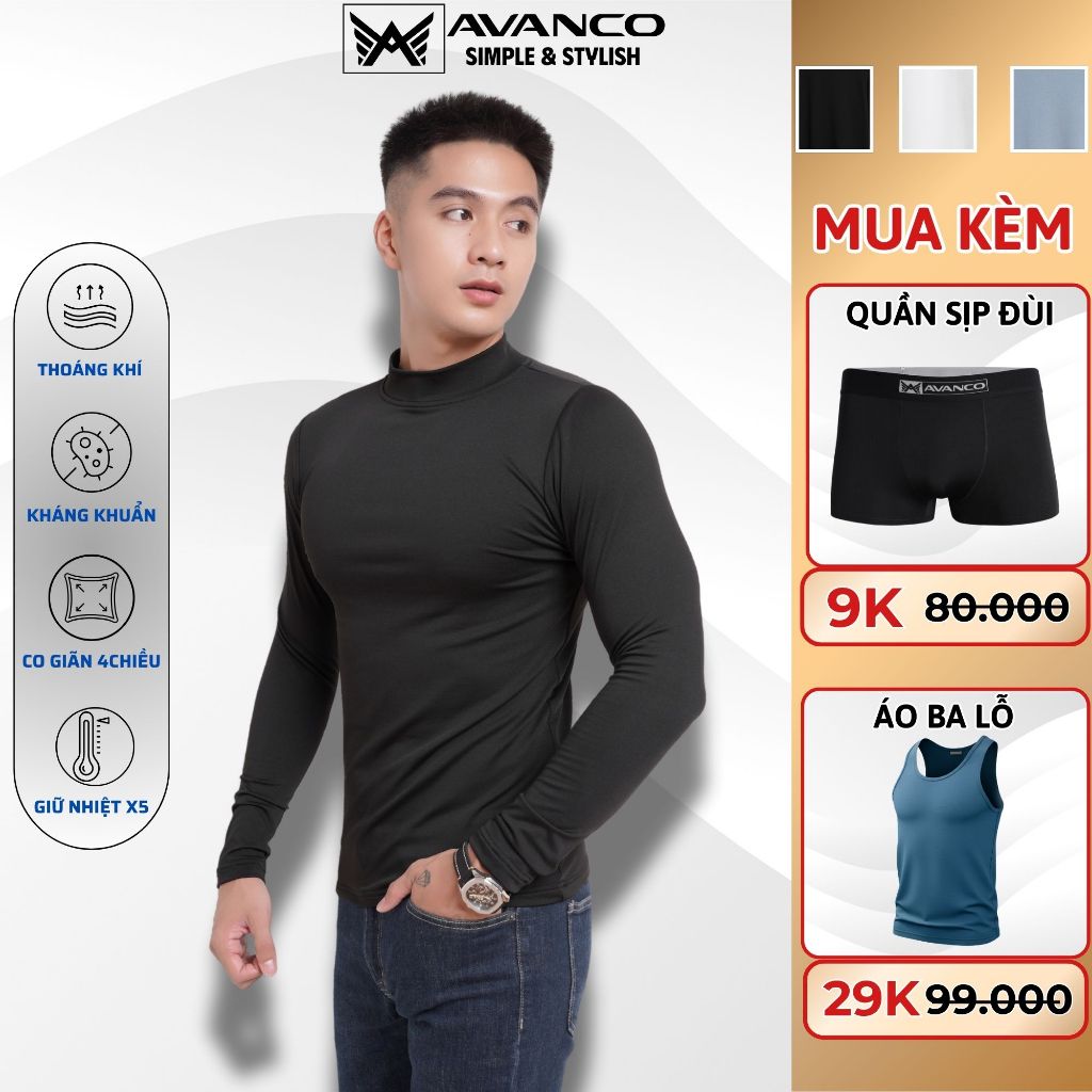  Áo giữ nhiệt nam cổ cao lót nỉ tay dài heattech uni cao cấp mặc ấm mùa đông AVANCOMAN 