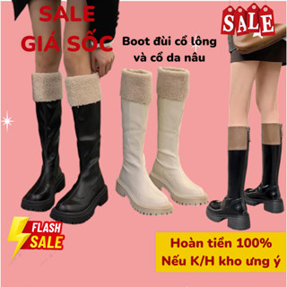 Boot Đùi Cổ Lông và Cổ Da, Bốt lửng cổ V đế răng cưa siêu hot boot cổ Lông hottrend