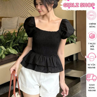 Áo Babydoll Cổ Vuông Tay Phồng Bo Chun Ngực Dáng xòe GirlZ Shop, Áo Kiểu Nữ Chất Linen Peplum Tôn Dáng Nữ Tính Tiểu Thư