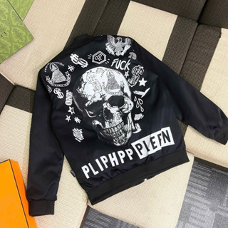 Áo khoác Gió Philipp Plein thêu logo ngực phối hoạ tiết hình đầu lâu lưng - Áo khoác bomber gió Philipp Plein nam nữ 2k4